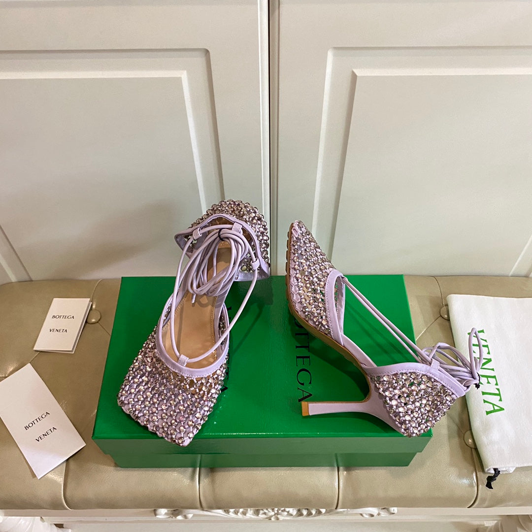LACE-UP SANDAL IN LIGHT PURPLE METALLIZED MESH AND LEATHER WITH RHINSTONES 9 CM - 35