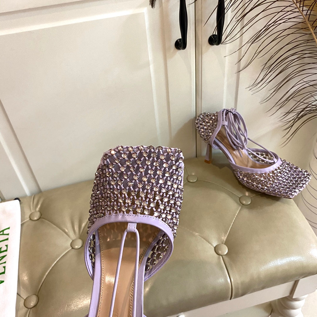 LACE-UP SANDAL IN LIGHT PURPLE METALLIZED MESH AND LEATHER WITH RHINSTONES 9 CM - 35