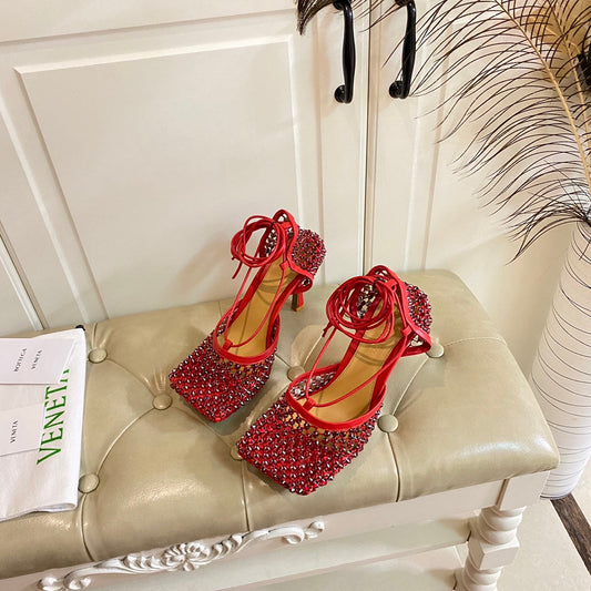 LACE-UP SANDAL IN CRIMSON RED METALLIZED MESH AND LEATHER WITH RHINSTONES 9 CM - 35