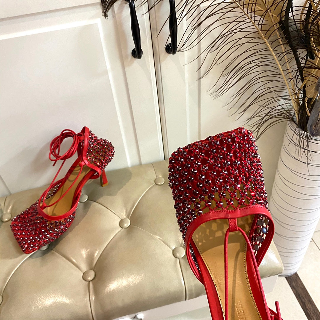 LACE-UP SANDAL IN CRIMSON RED METALLIZED MESH AND LEATHER WITH RHINSTONES 9 CM - 35