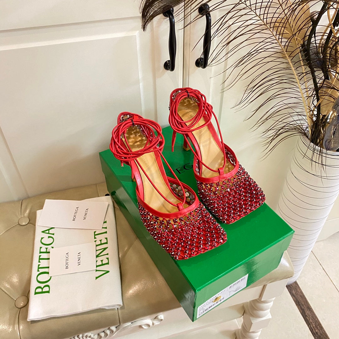 LACE-UP SANDAL IN CRIMSON RED METALLIZED MESH AND LEATHER WITH RHINSTONES 9 CM - 35