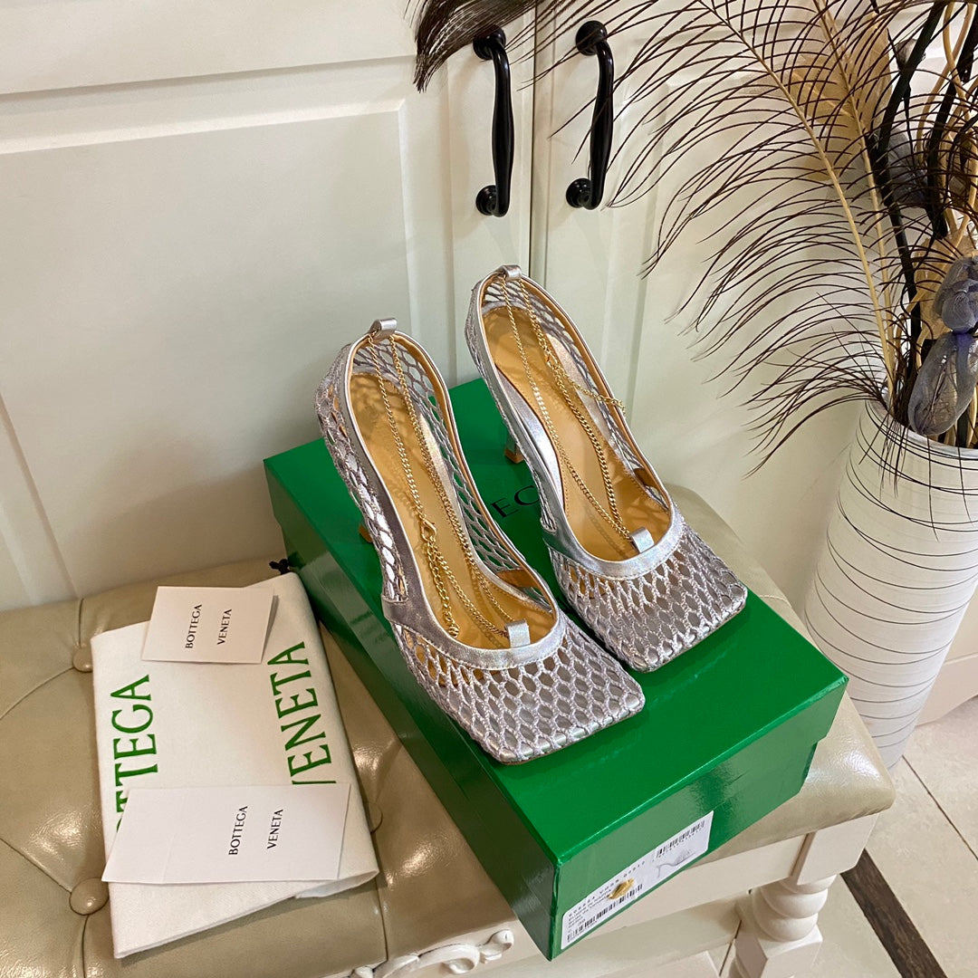 STRETCH LACE-UP SANDAL IN SILVER METALLIZED MESH AND LEATHER 9 CM - 35