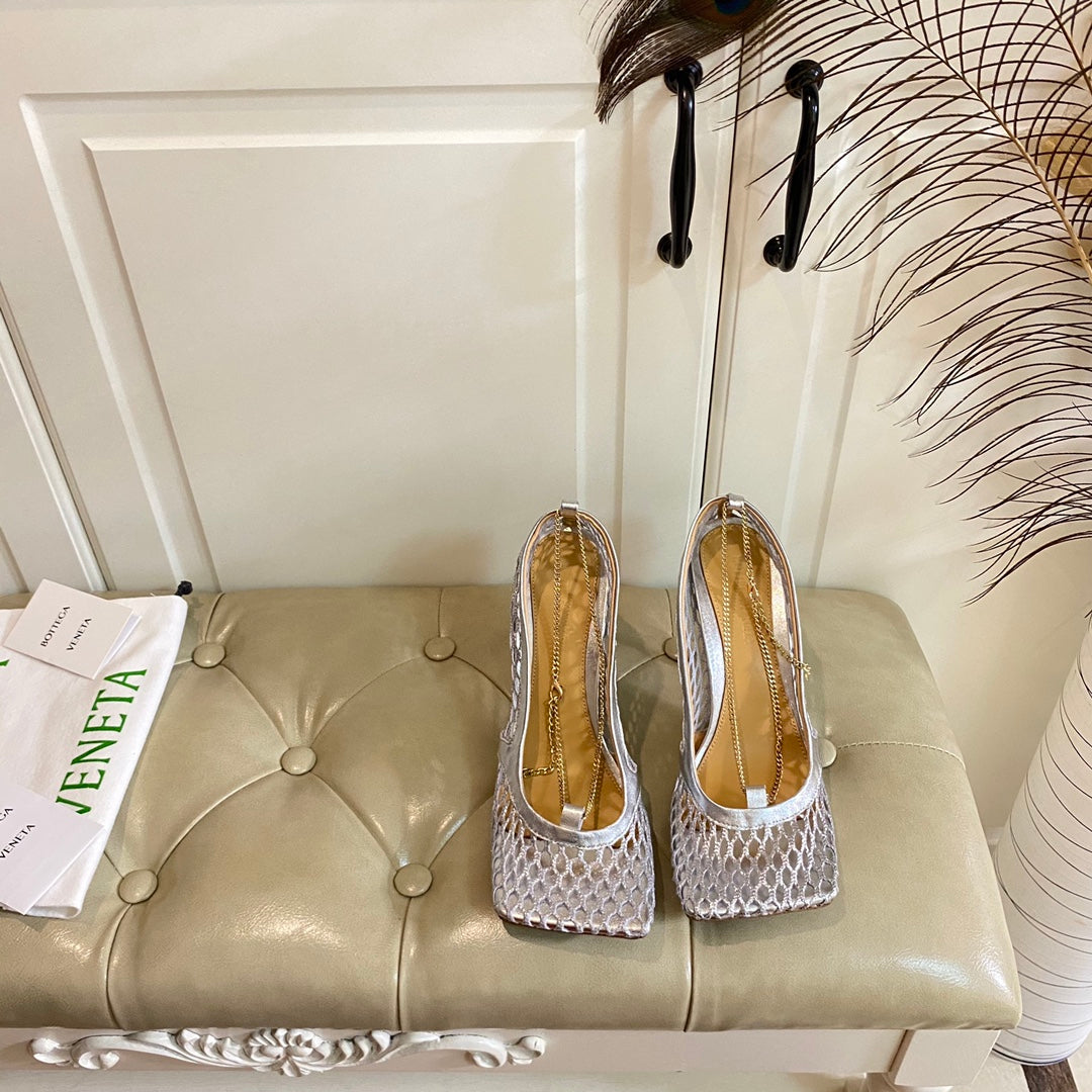 STRETCH LACE-UP SANDAL IN SILVER METALLIZED MESH AND LEATHER 9 CM - 35