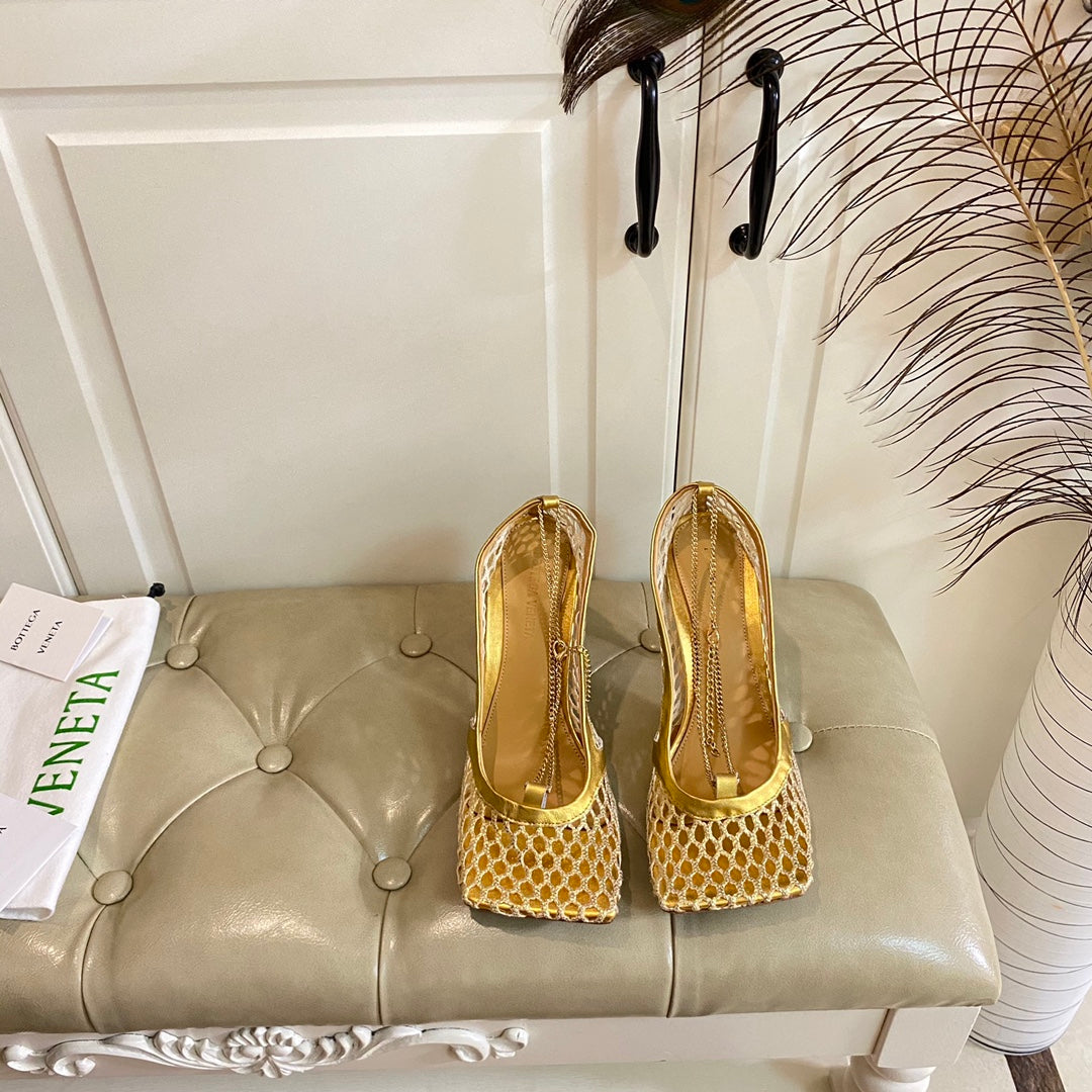 STRETCH LACE-UP SANDAL IN GOLD METALLIZED MESH AND LEATHER 9 CM - 35