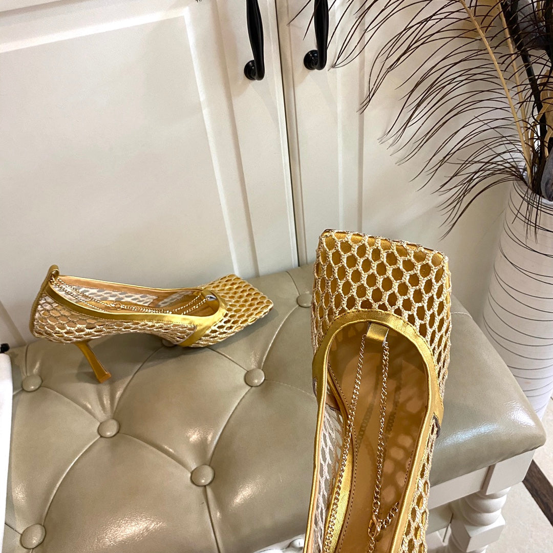 STRETCH LACE-UP SANDAL IN GOLD METALLIZED MESH AND LEATHER 9 CM - 35
