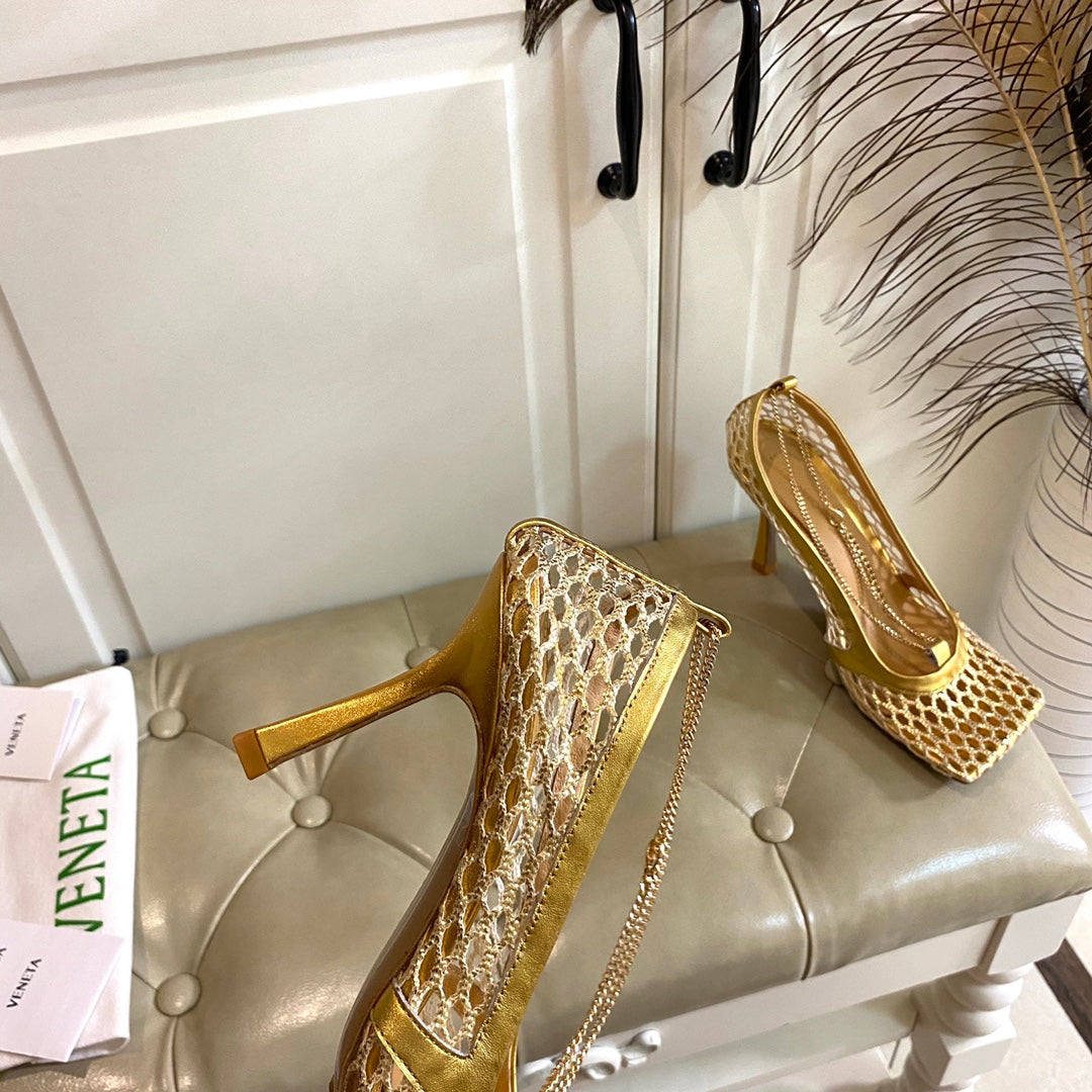 STRETCH LACE-UP SANDAL IN GOLD METALLIZED MESH AND LEATHER 9 CM - 35