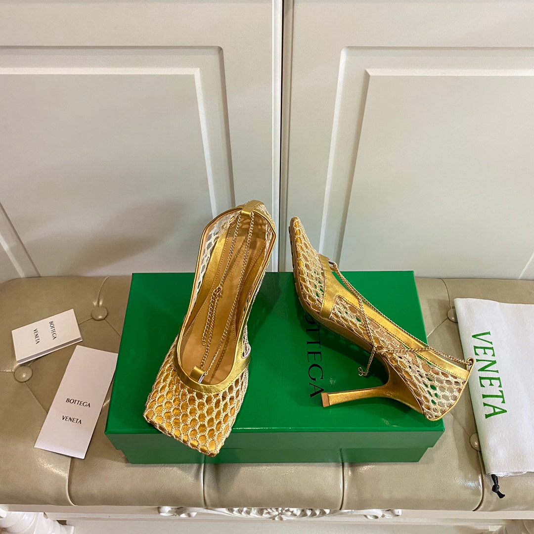 STRETCH LACE-UP SANDAL IN GOLD METALLIZED MESH AND LEATHER 9 CM - 35
