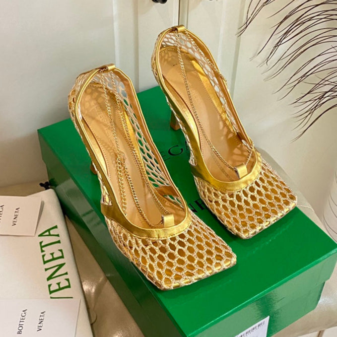 STRETCH LACE-UP SANDAL IN GOLD METALLIZED MESH AND LEATHER 9 CM - 35