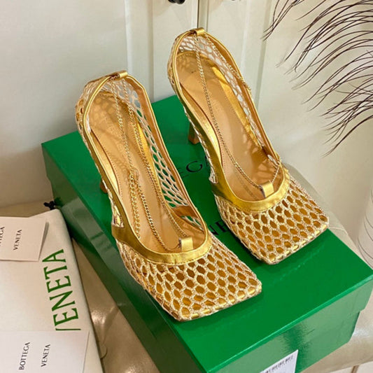 STRETCH LACE-UP SANDAL IN GOLD METALLIZED MESH AND LEATHER 9 CM - 35