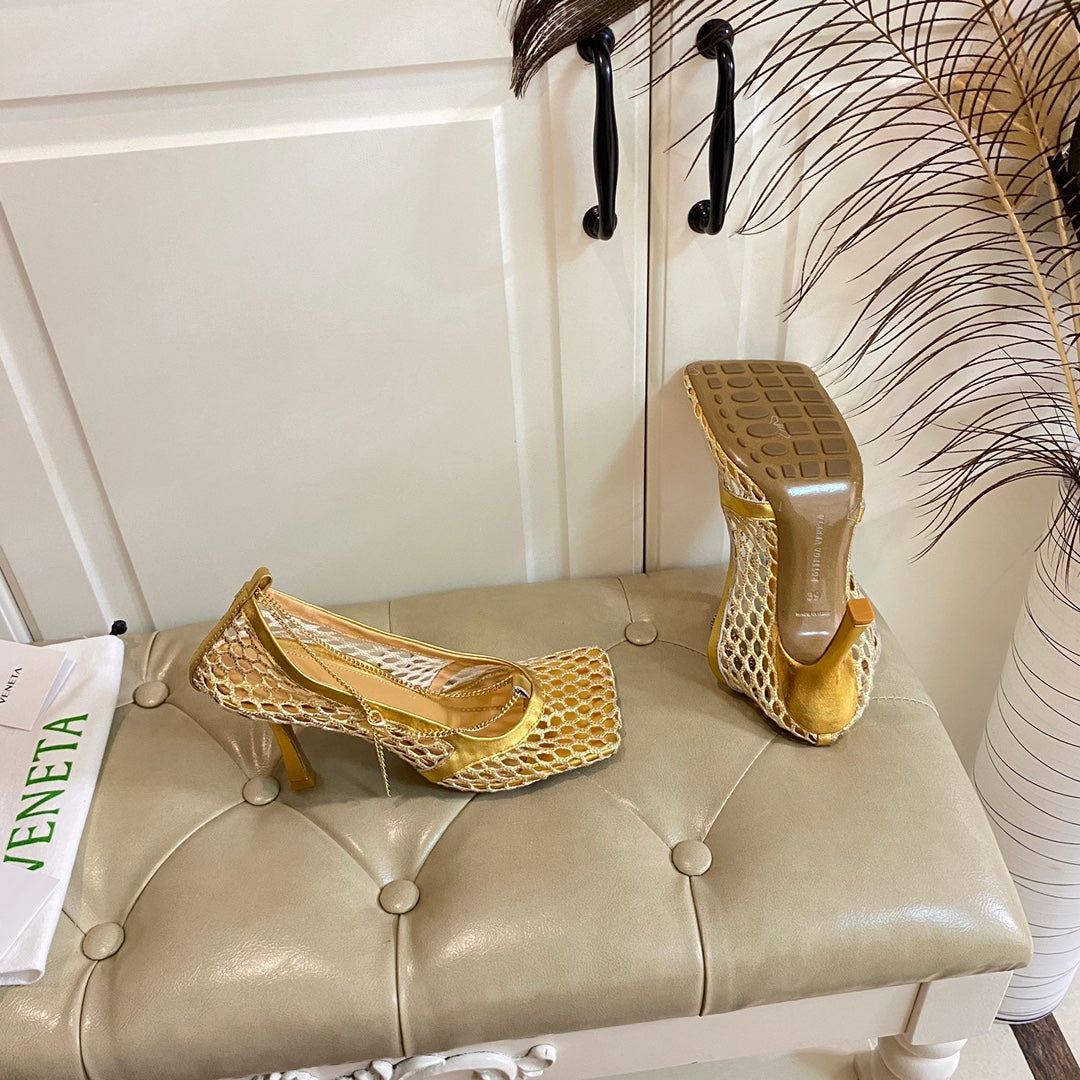 STRETCH LACE-UP SANDAL IN GOLD METALLIZED MESH AND LEATHER 9 CM - 35