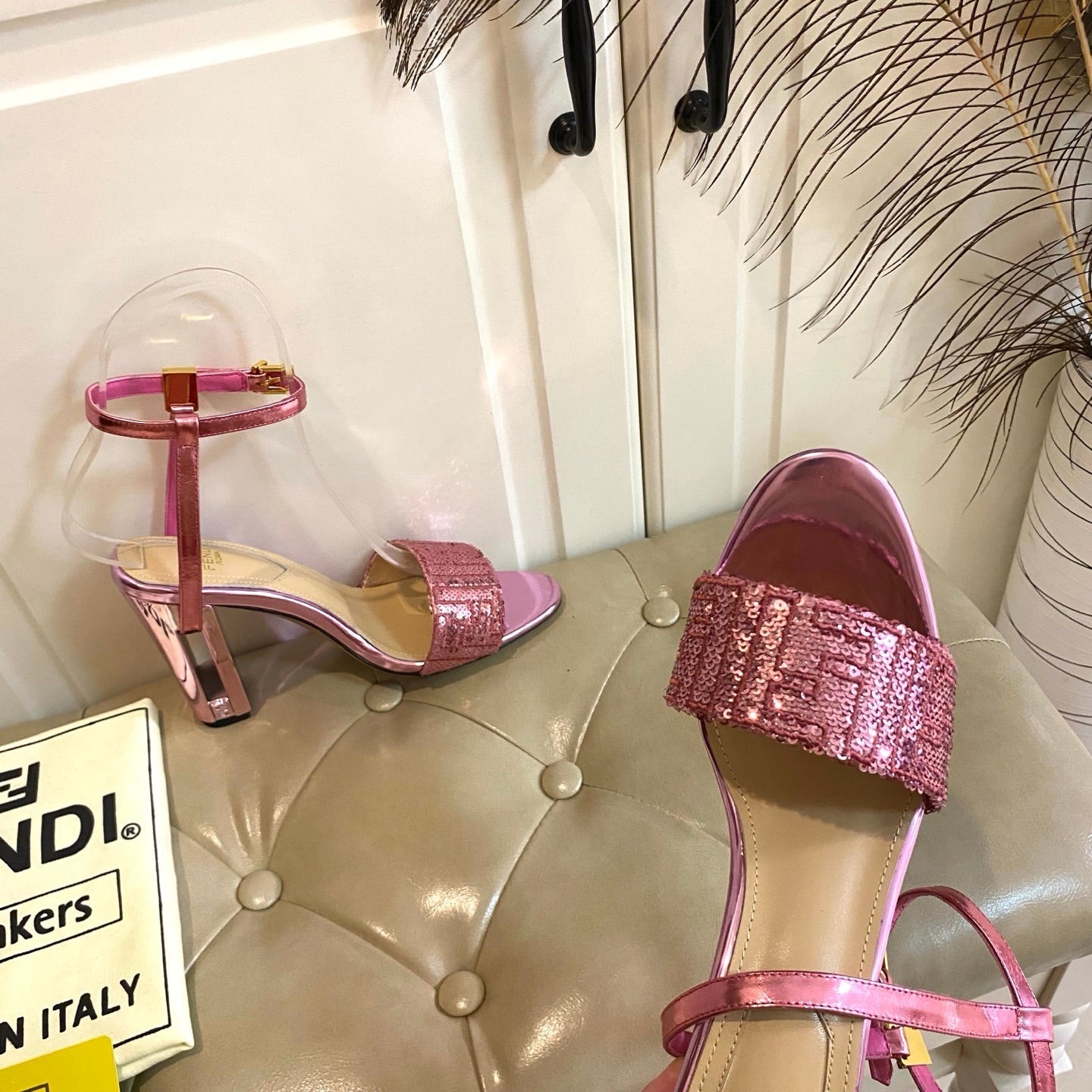 FF FIRST HIGH-HEEL 100MM IN METALLIC PINK CALFSKIN AND SEQUIN - 35