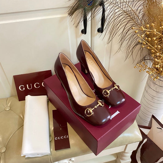 Жіночі туфлі GUCCI 26S HORSEBIT на підборах 75 мм із темно-червоної телячої шкіри