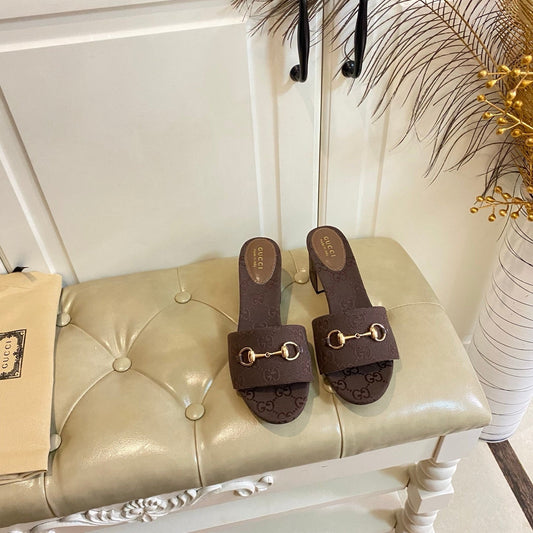 БОСОНІЖКИ GUCCI 26S НА ВИСОКИХ ПІДБОРАХ 65 ММ З ТЕМНО-КОРИЧНЕВОГО КАНВАСУ