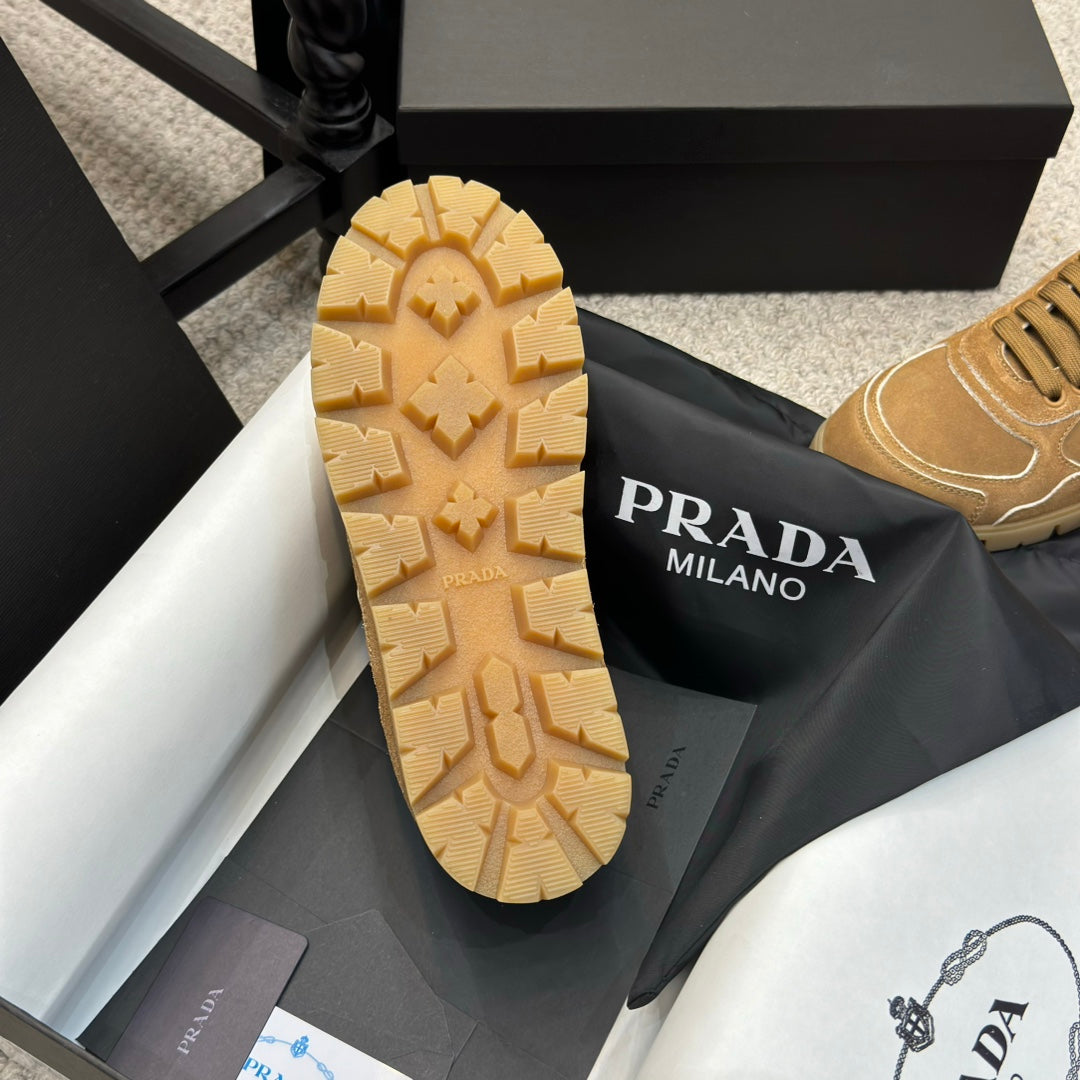 PRADA 25S SNEAKERS 20MM IN CARAMEL BROWN SUEDE - 35