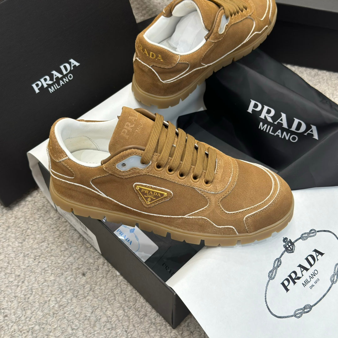 PRADA 25S SNEAKERS 20MM IN CARAMEL BROWN SUEDE - 35