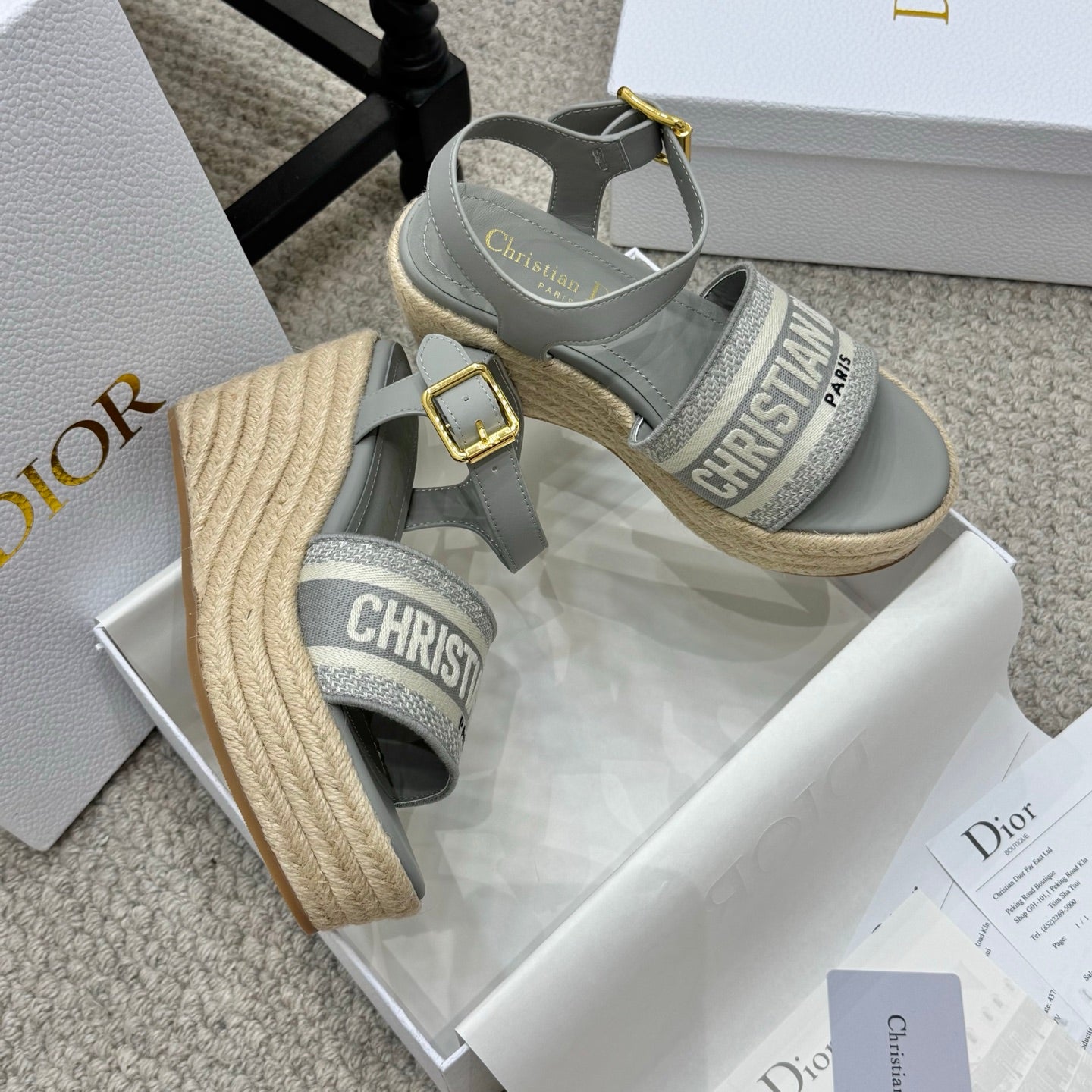 DWAY WEDGE SANDAL 25S 95MM IN GRAY EMBROIDERED COTTON RAFFIA SOLE - 35