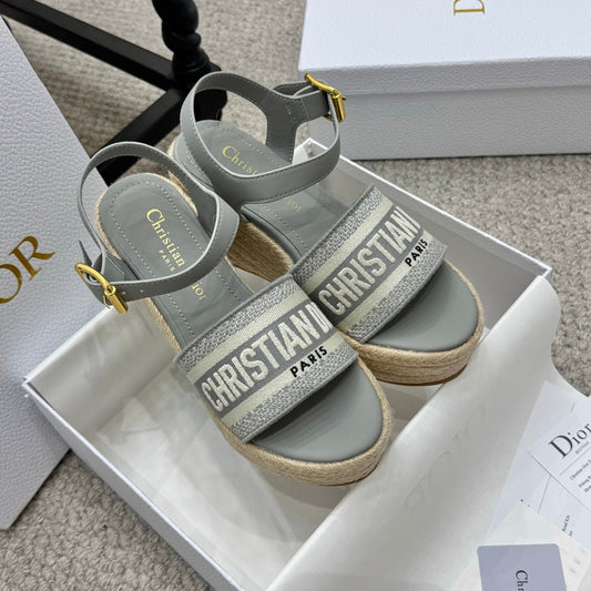 DWAY WEDGE SANDAL 25S 95MM IN GRAY EMBROIDERED COTTON RAFFIA SOLE - 35