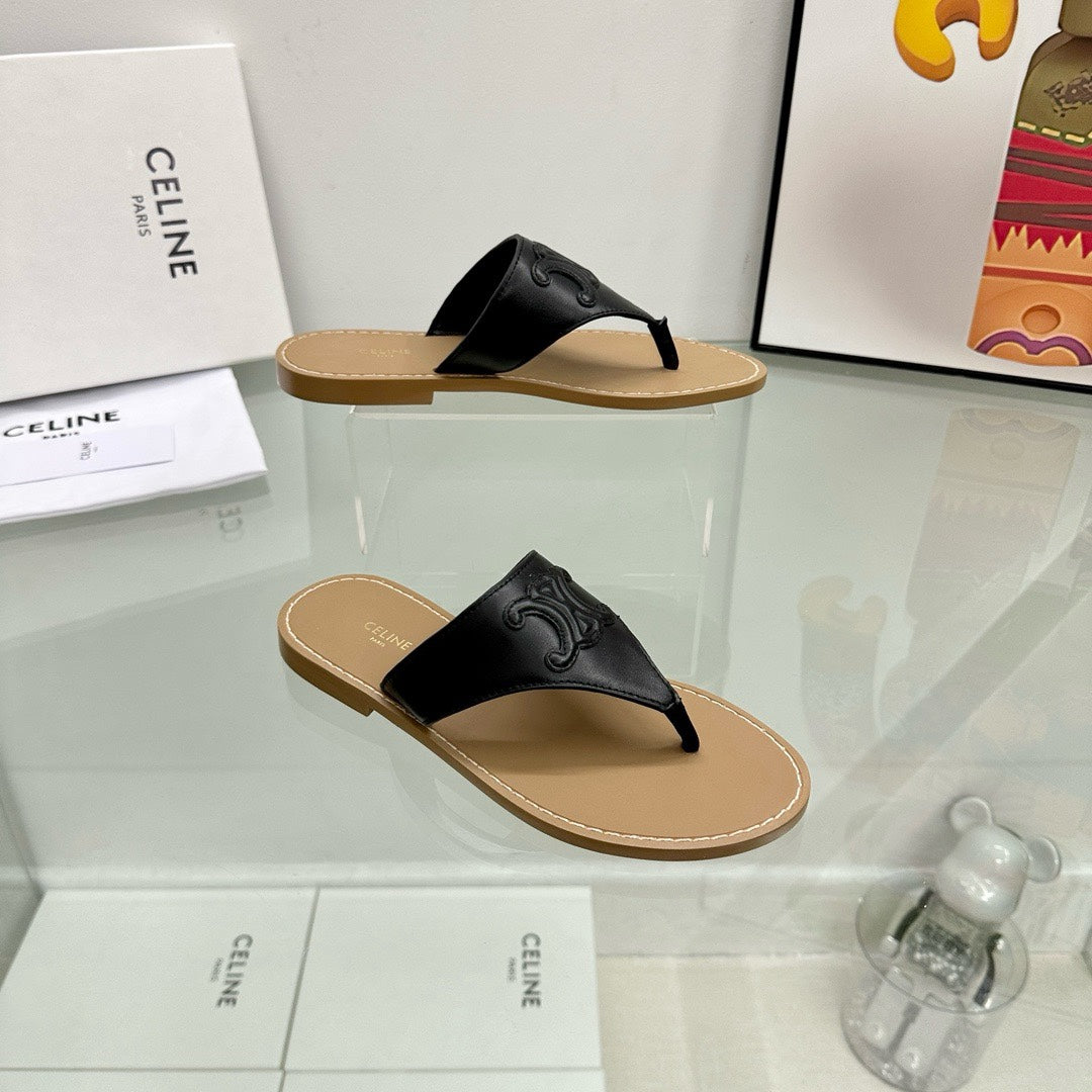 WOMEN TRIOMPHE FLAT THONG IN CALFSKIN BLACK - 35