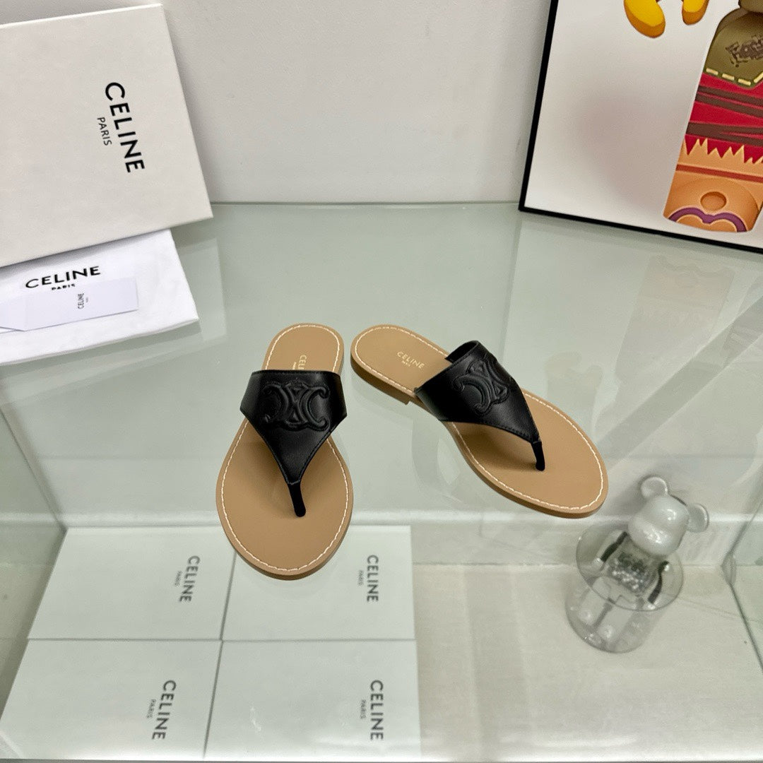 WOMEN TRIOMPHE FLAT THONG IN CALFSKIN BLACK - 35