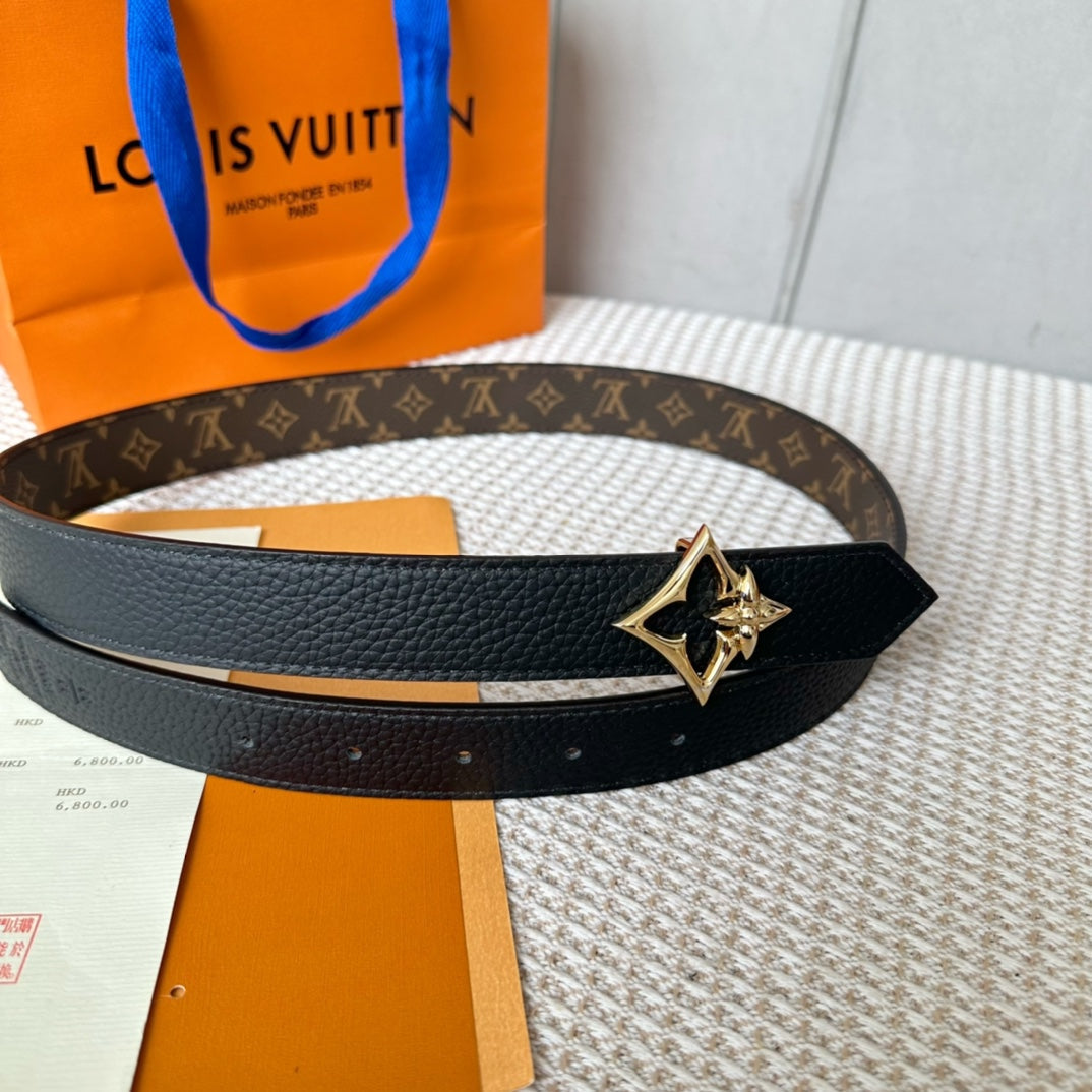 LV FLOWERGRAM 30MM REVERSIBLE BELT IN BLACK CALFSKIN GOLD HARDWARE - 30
