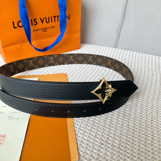 LV FLOWERGRAM 30MM REVERSIBLE BELT IN BLACK CALFSKIN GOLD HARDWARE - 30