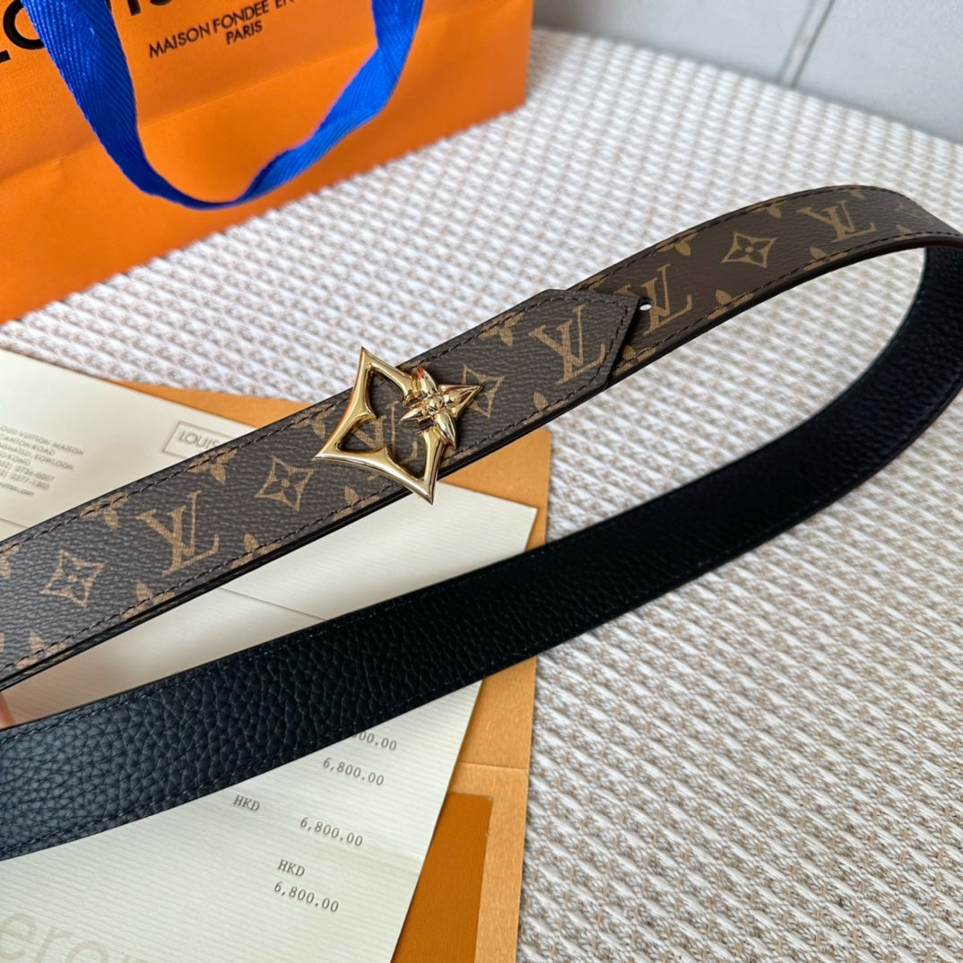 LV FLOWERGRAM 30MM REVERSIBLE BELT IN BLACK CALFSKIN GOLD HARDWARE - 30