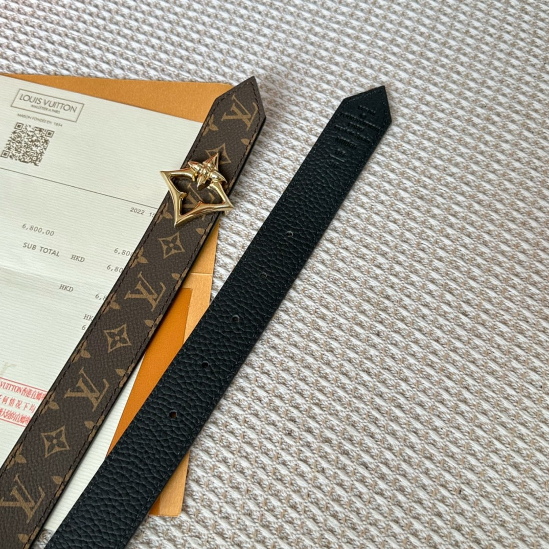 LV FLOWERGRAM 30MM REVERSIBLE BELT IN BLACK CALFSKIN GOLD HARDWARE - 30