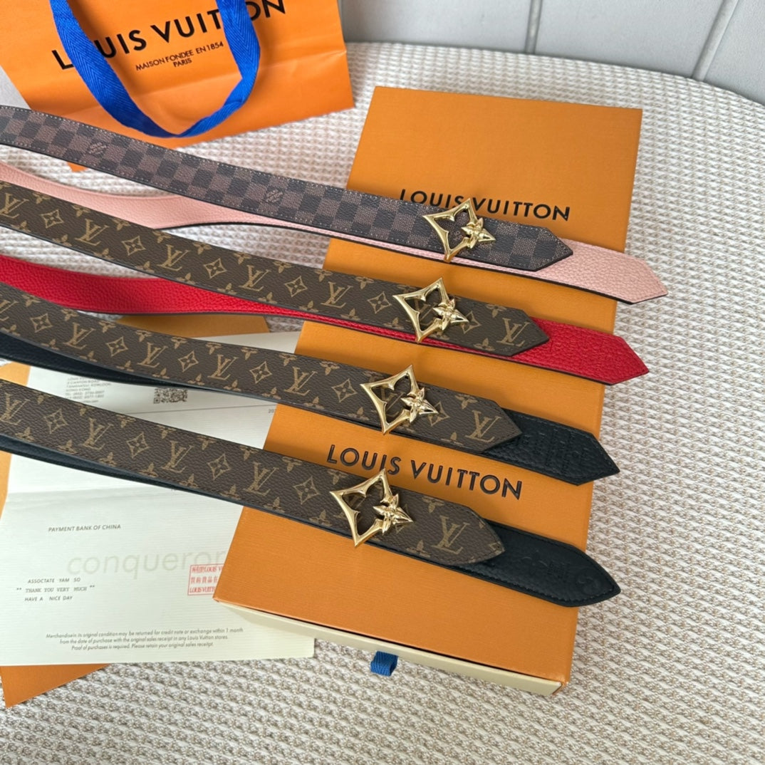 LV FLOWERGRAM 30MM REVERSIBLE BELT IN BLACK CALFSKIN GOLD HARDWARE - 30