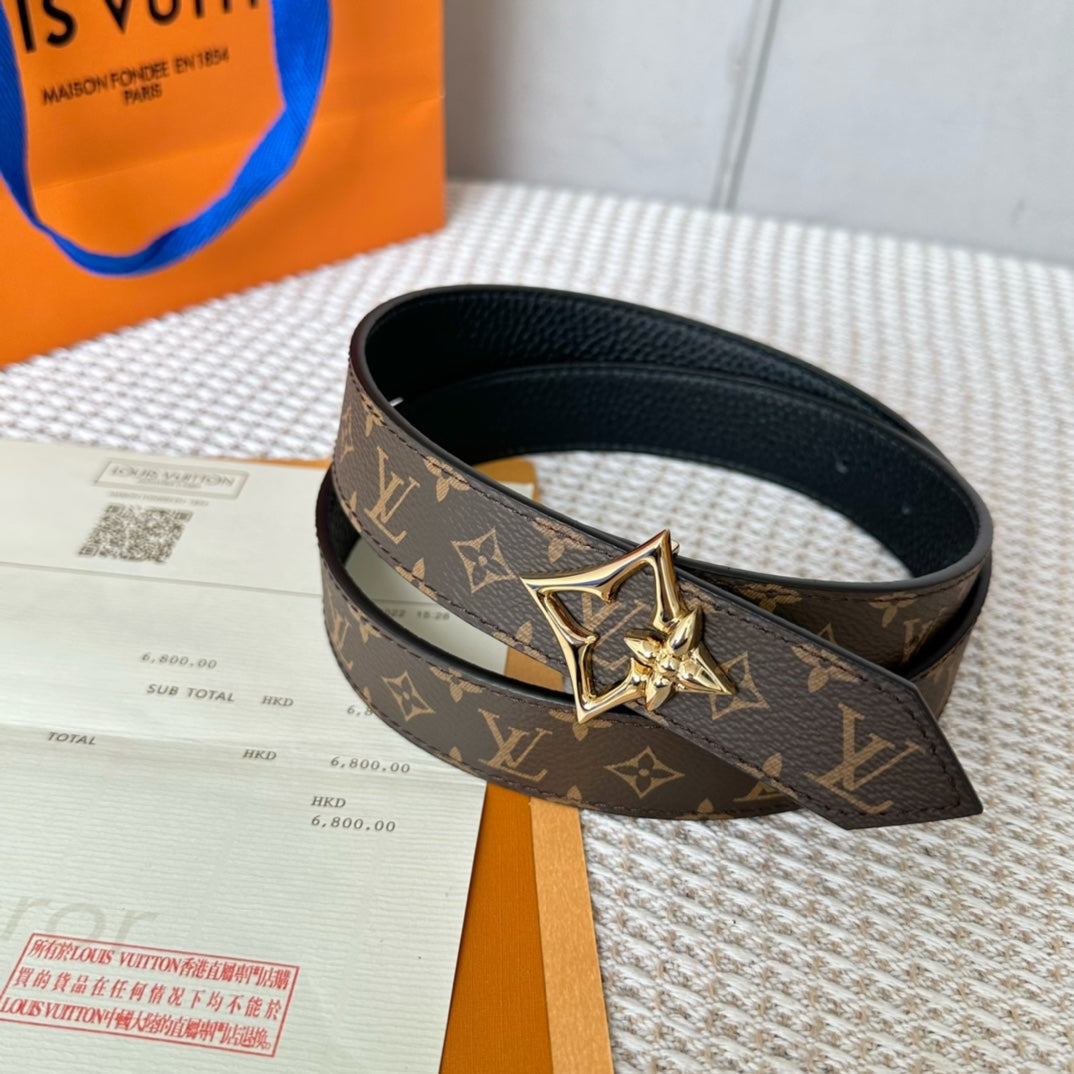 LV FLOWERGRAM 30MM REVERSIBLE BELT IN BLACK CALFSKIN GOLD HARDWARE - 30