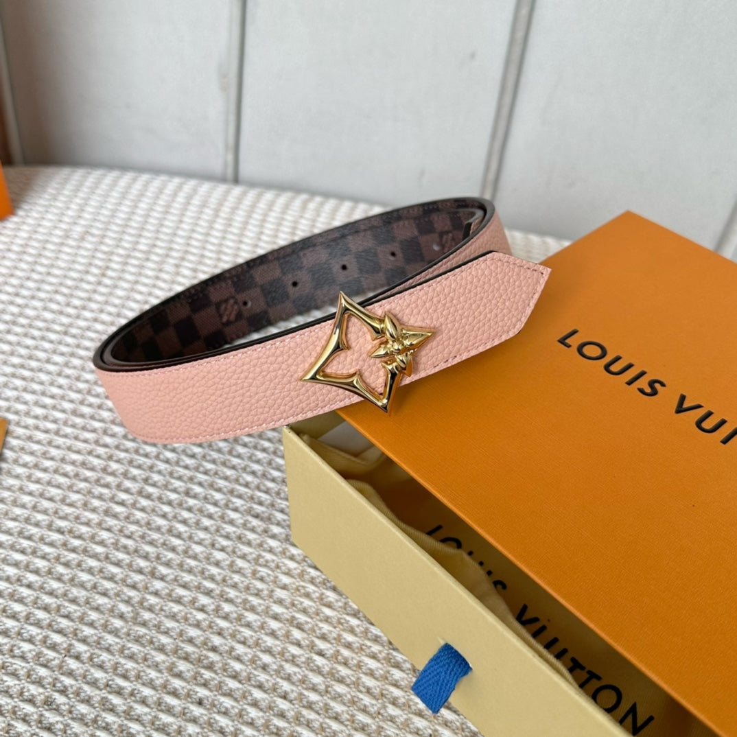 LV FLOWERGRAM 30MM REVERSIBLE BELT IN LIGHT PINK CALFSKIN GOLD HARDWARE - 30