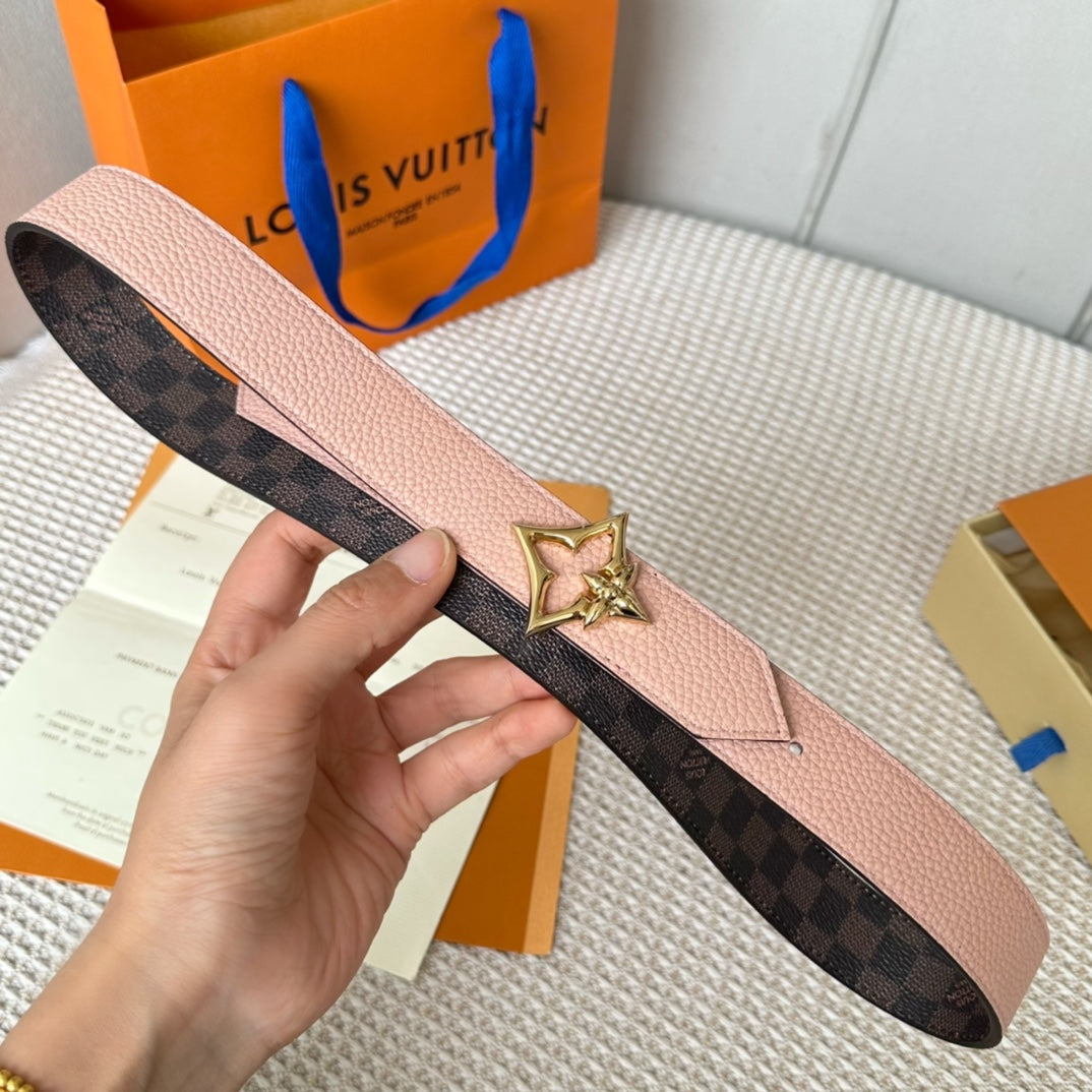LV FLOWERGRAM 30MM REVERSIBLE BELT IN LIGHT PINK CALFSKIN GOLD HARDWARE - 30