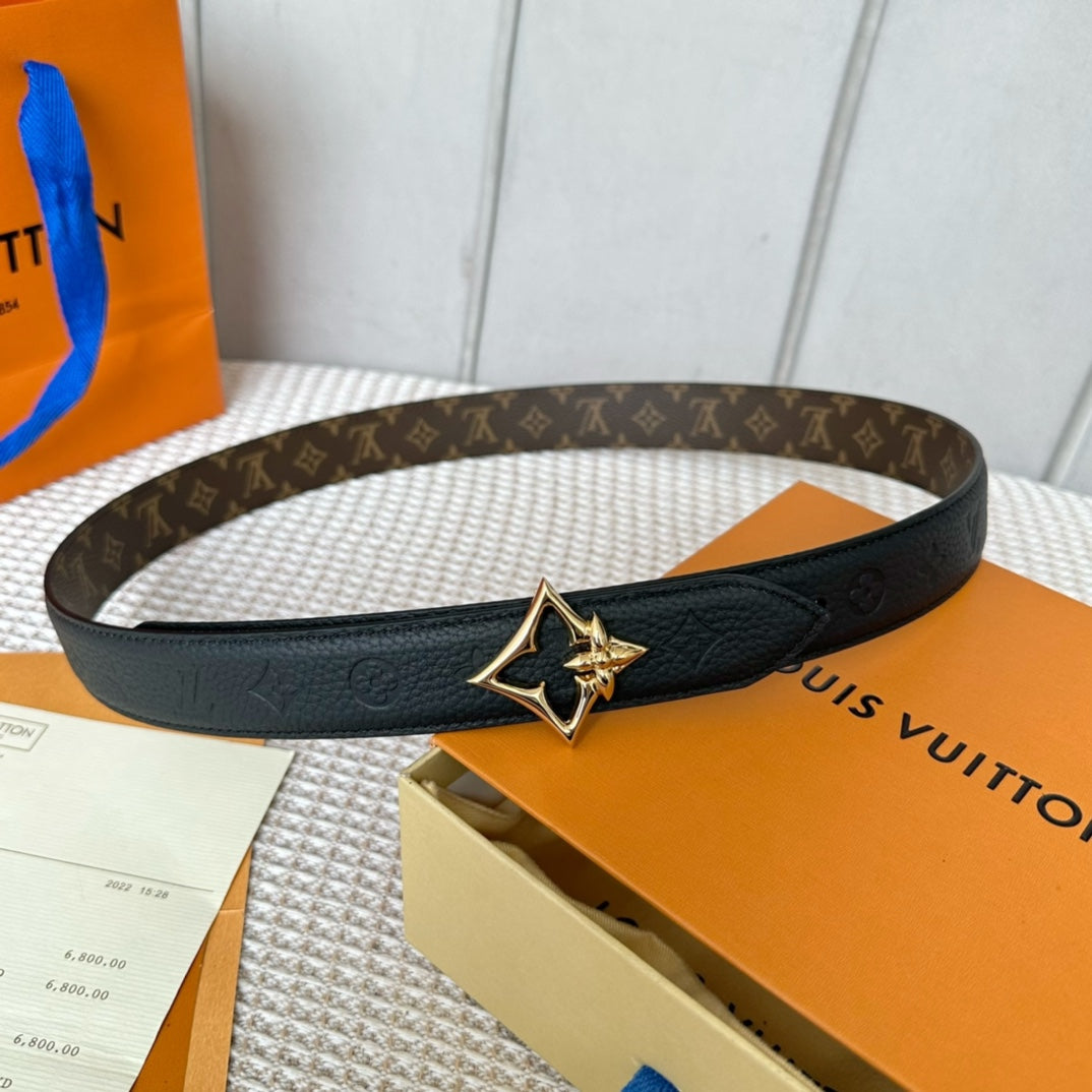 LV FLOWERGRAM 30MM REVERSIBLE BELT IN BLACK EMBOSSED CALFSKIN GOLD HARDWARE - 30