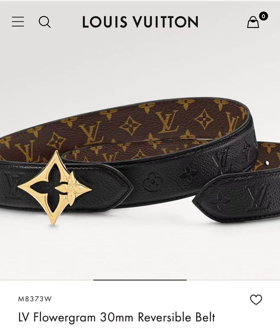 LV FLOWERGRAM 30MM REVERSIBLE BELT IN BLACK EMBOSSED CALFSKIN GOLD HARDWARE - 30