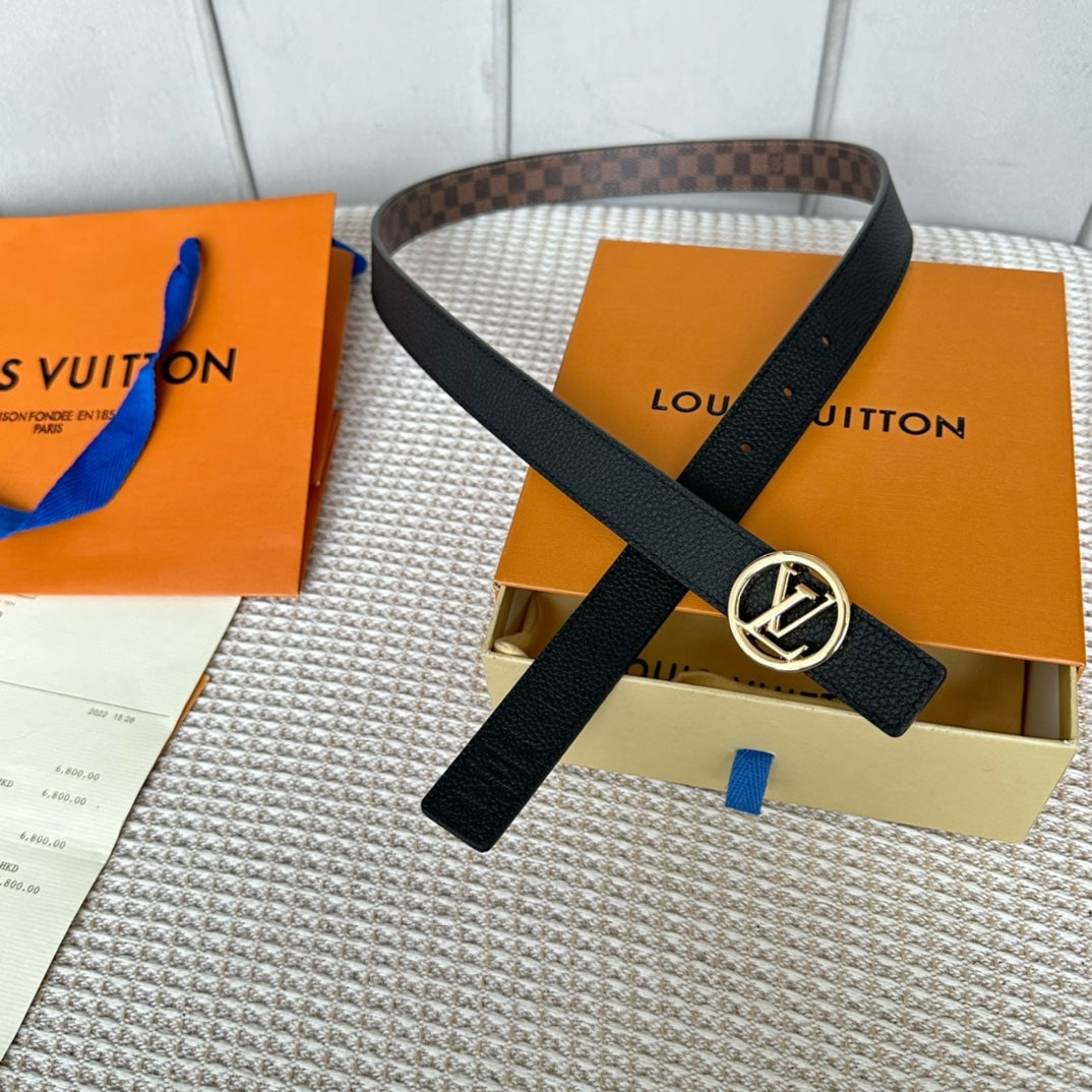 LV CIRCLE 25MM REVERSIBLE BELT IN BROWN DAMIER CALFSKIN GOLD HARDWARE - 30