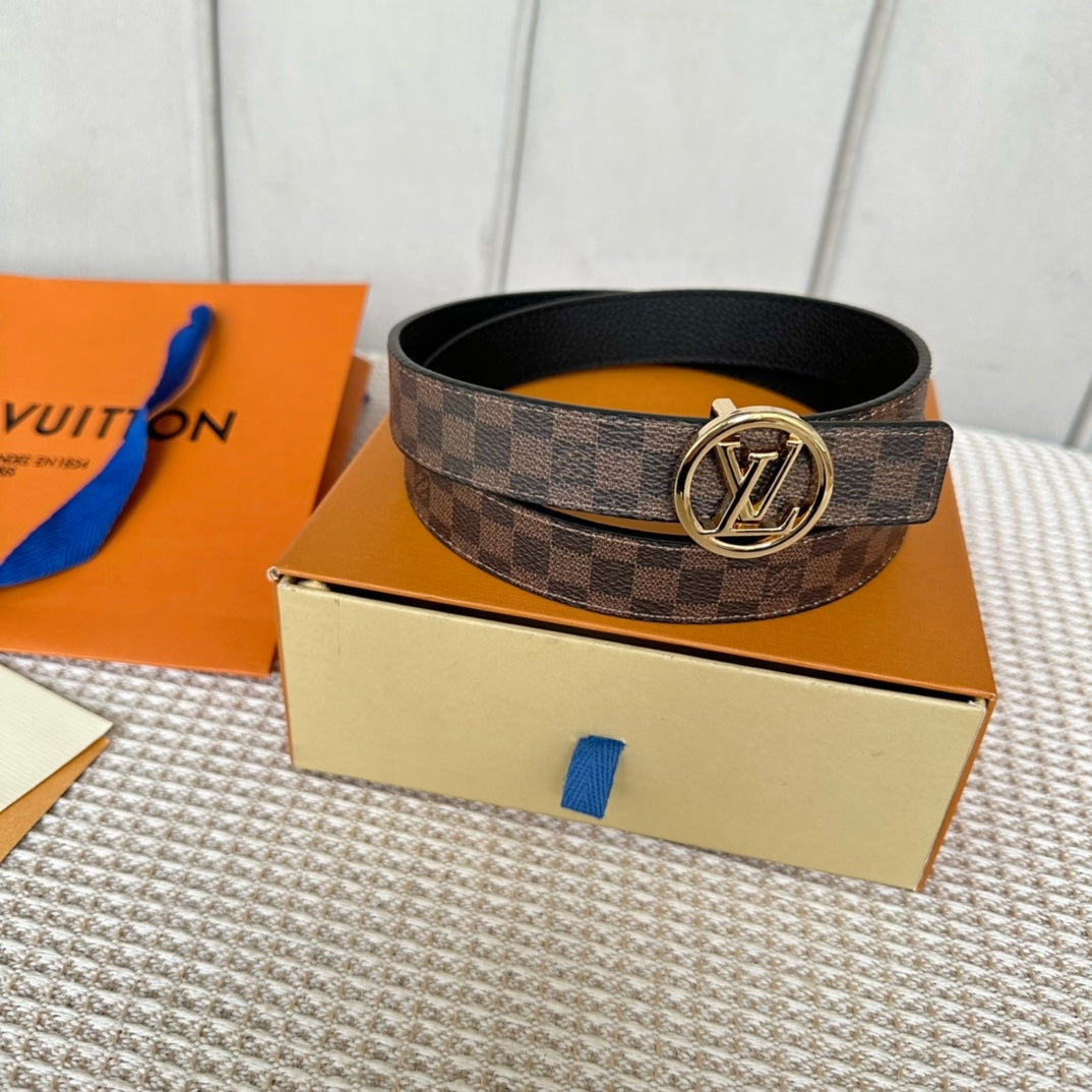 LV CIRCLE 25MM REVERSIBLE BELT IN BROWN DAMIER CALFSKIN GOLD HARDWARE - 30
