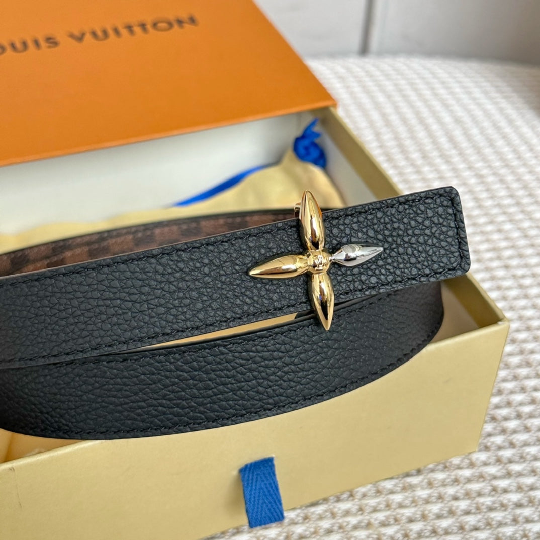 LV FLOWERGRAM 25 MM REVERSIBLE BELT IN BROWN DAMIER CALFSKIN GOLD MIX SILVER HARDWARE - 30