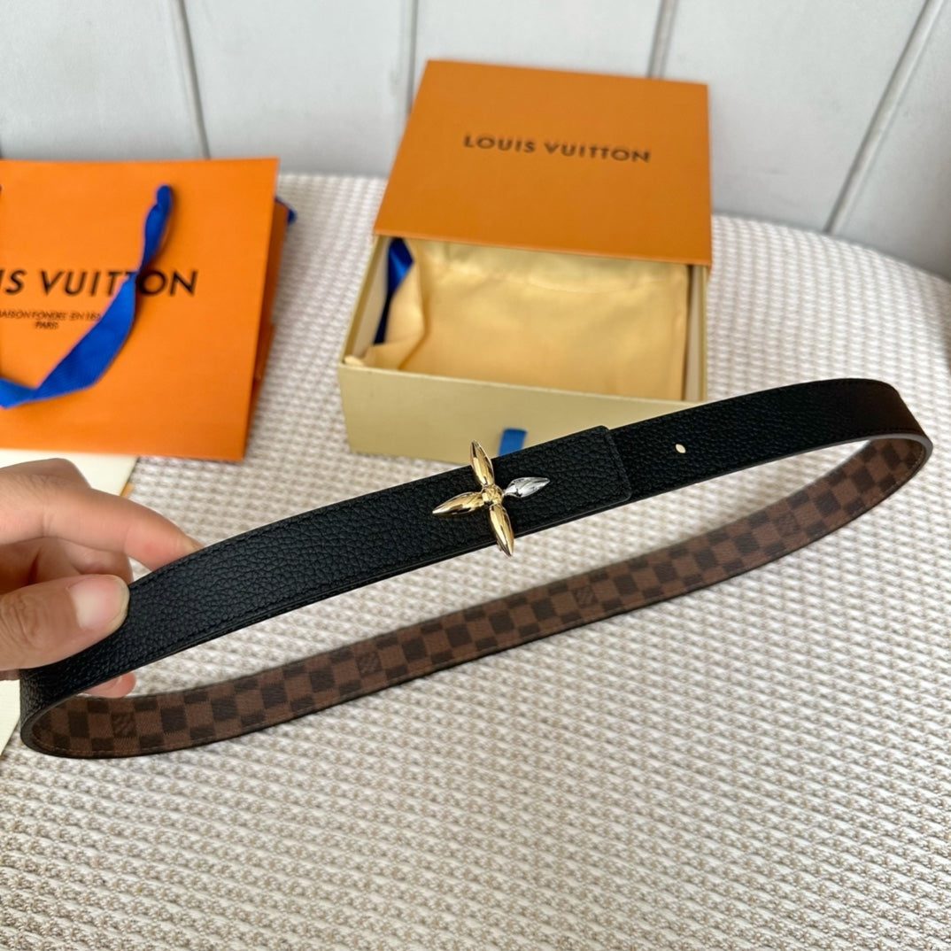 LV FLOWERGRAM 25 MM REVERSIBLE BELT IN BROWN DAMIER CALFSKIN GOLD MIX SILVER HARDWARE - 30