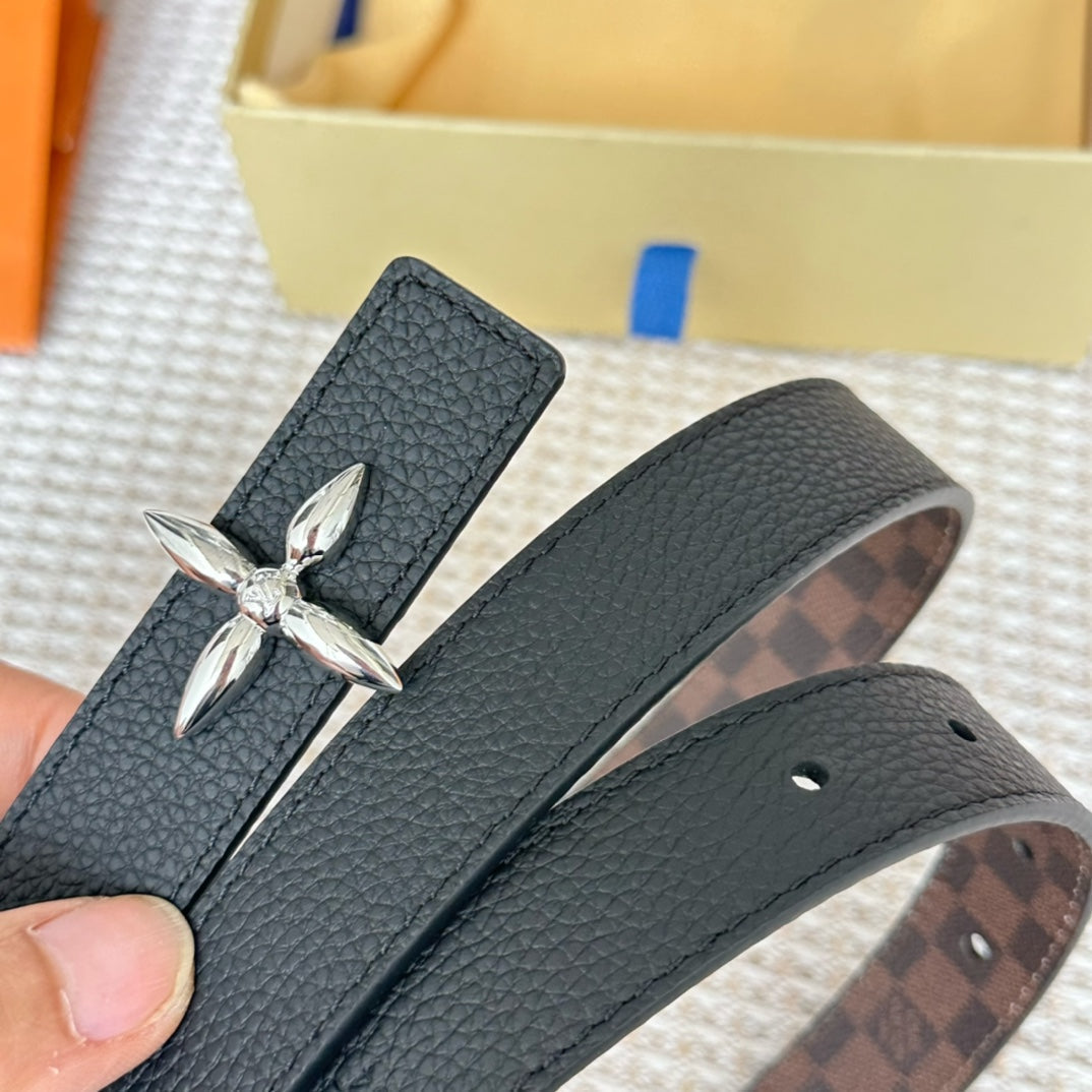LV FLOWERGRAM 25 MM REVERSIBLE BELT IN BROWN DAMIER CALFSKIN SILVER HARDWARE - 30