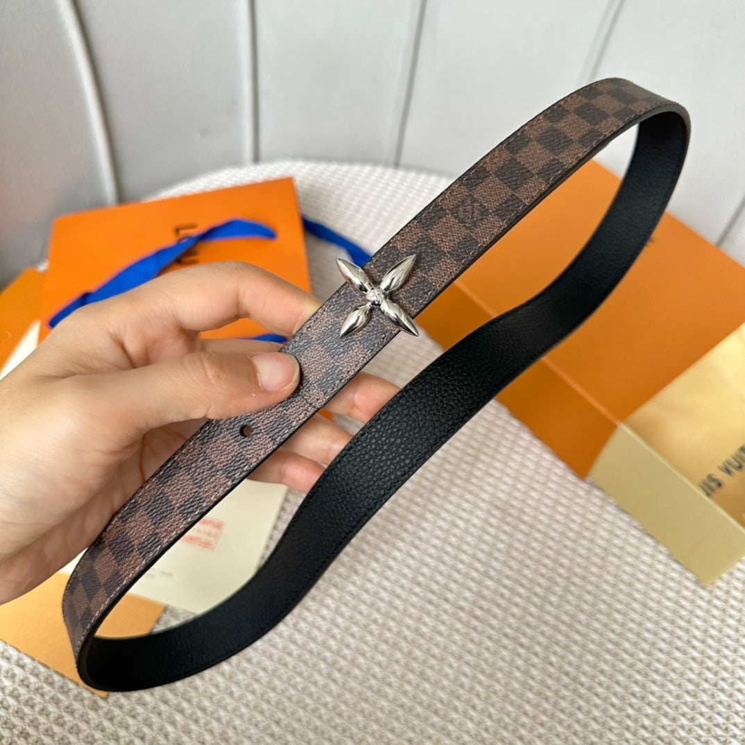 LV FLOWERGRAM 25 MM REVERSIBLE BELT IN BROWN DAMIER CALFSKIN SILVER HARDWARE - 30