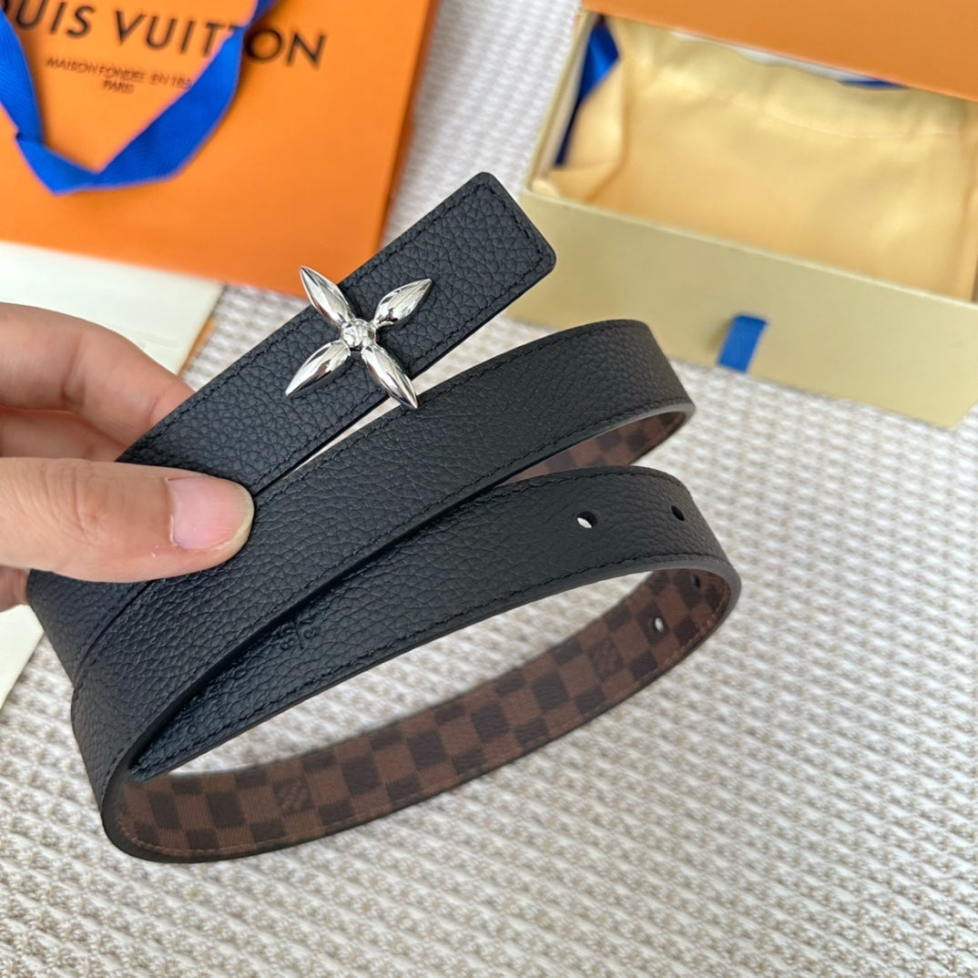 LV FLOWERGRAM 25 MM REVERSIBLE BELT IN BROWN DAMIER CALFSKIN SILVER HARDWARE - 30