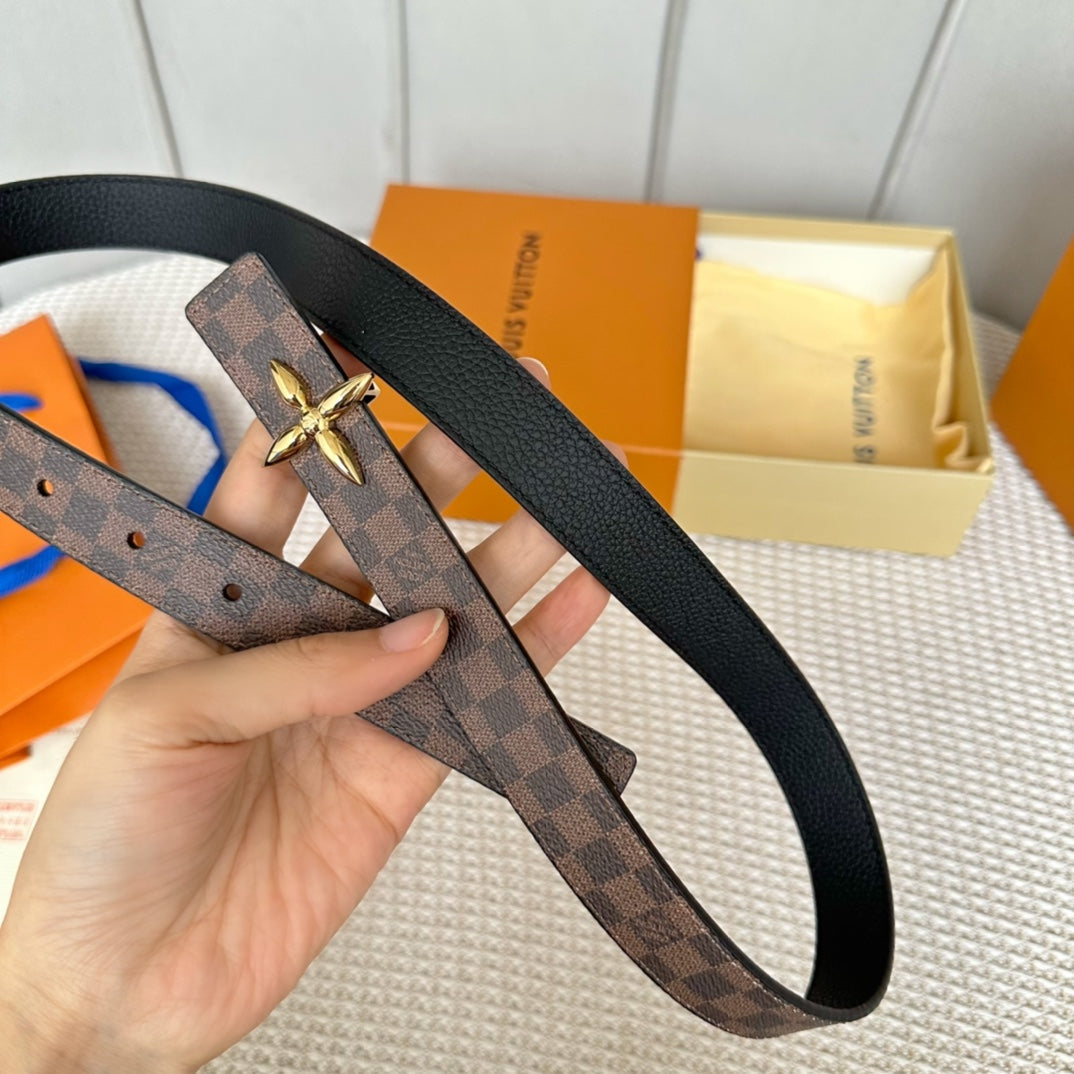 LV FLOWERGRAM 25 MM REVERSIBLE BELT IN BROWN DAMIER CALFSKIN GOLD HARDWARE - 30