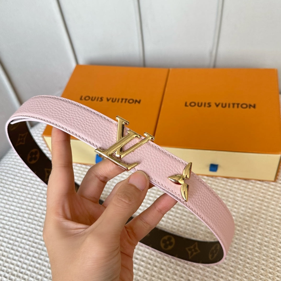 PRETTY LV 30MM REVERSIBLE BELT IN LIGHT PINK CALFSKIN GOLD HARDWARE - 30