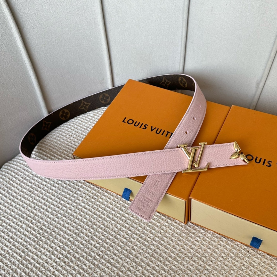 PRETTY LV 30MM REVERSIBLE BELT IN LIGHT PINK CALFSKIN GOLD HARDWARE - 30