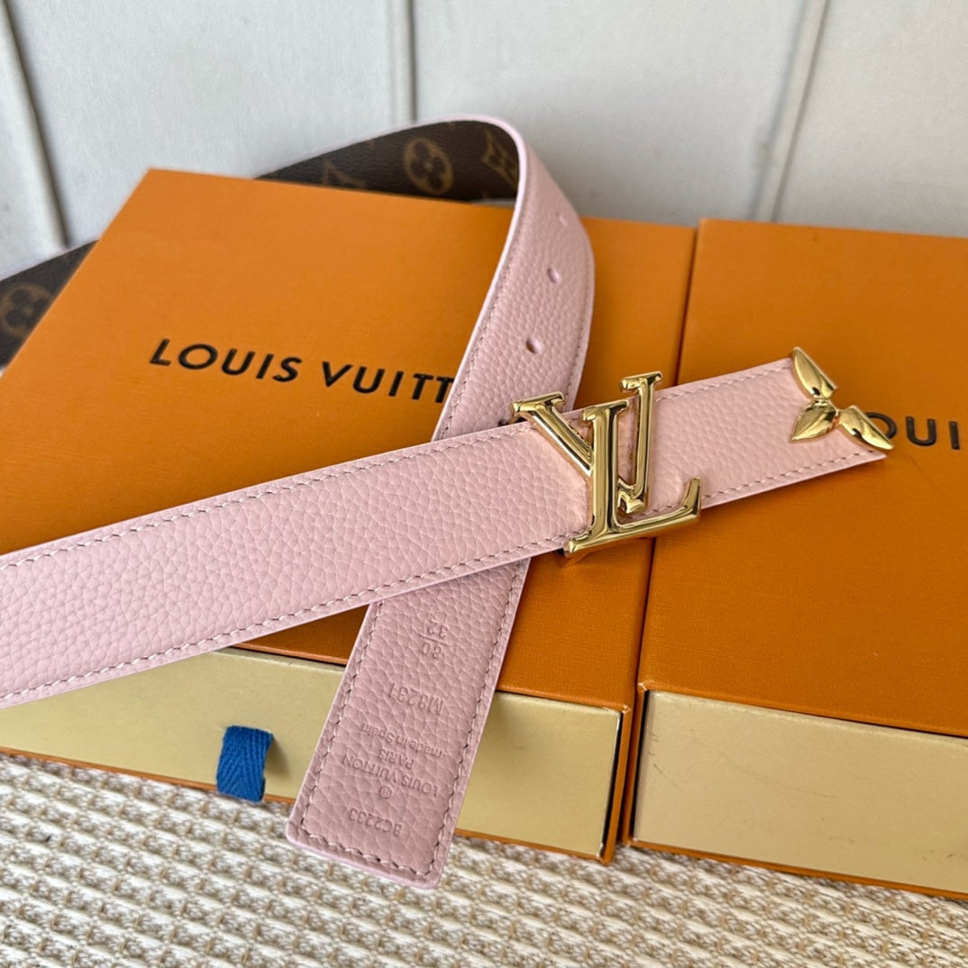 PRETTY LV 30MM REVERSIBLE BELT IN LIGHT PINK CALFSKIN GOLD HARDWARE - 30