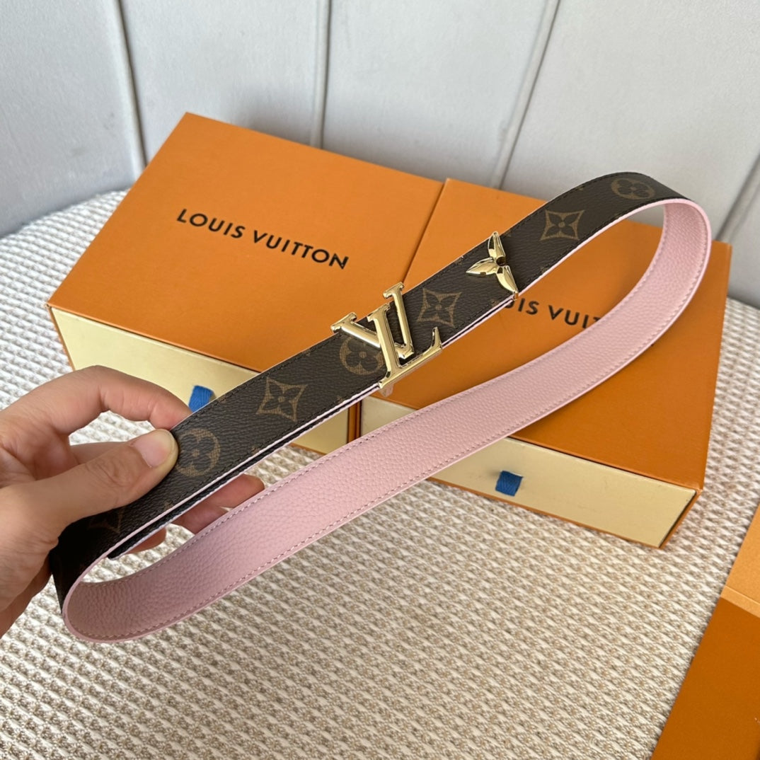 PRETTY LV 30MM REVERSIBLE BELT IN LIGHT PINK CALFSKIN GOLD HARDWARE - 30
