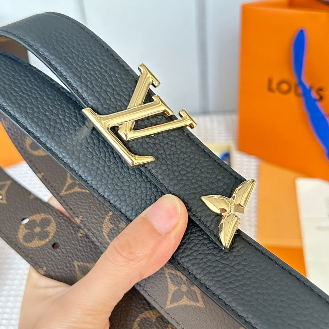 PRETTY LV 30MM REVERSIBLE BELT IN BLACK CALFSKIN GOLD HARDWARE - 30