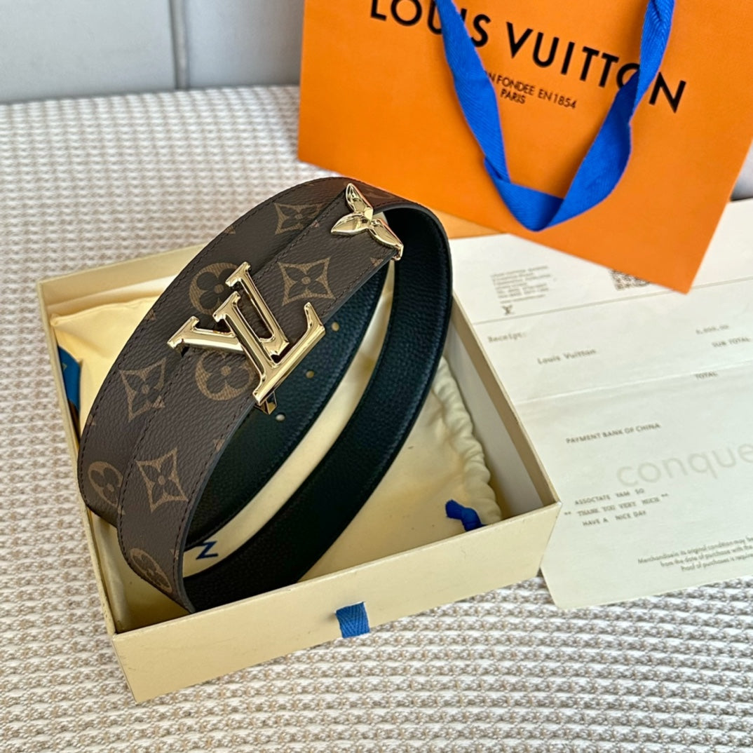 PRETTY LV 30MM REVERSIBLE BELT IN BLACK CALFSKIN GOLD HARDWARE - 30