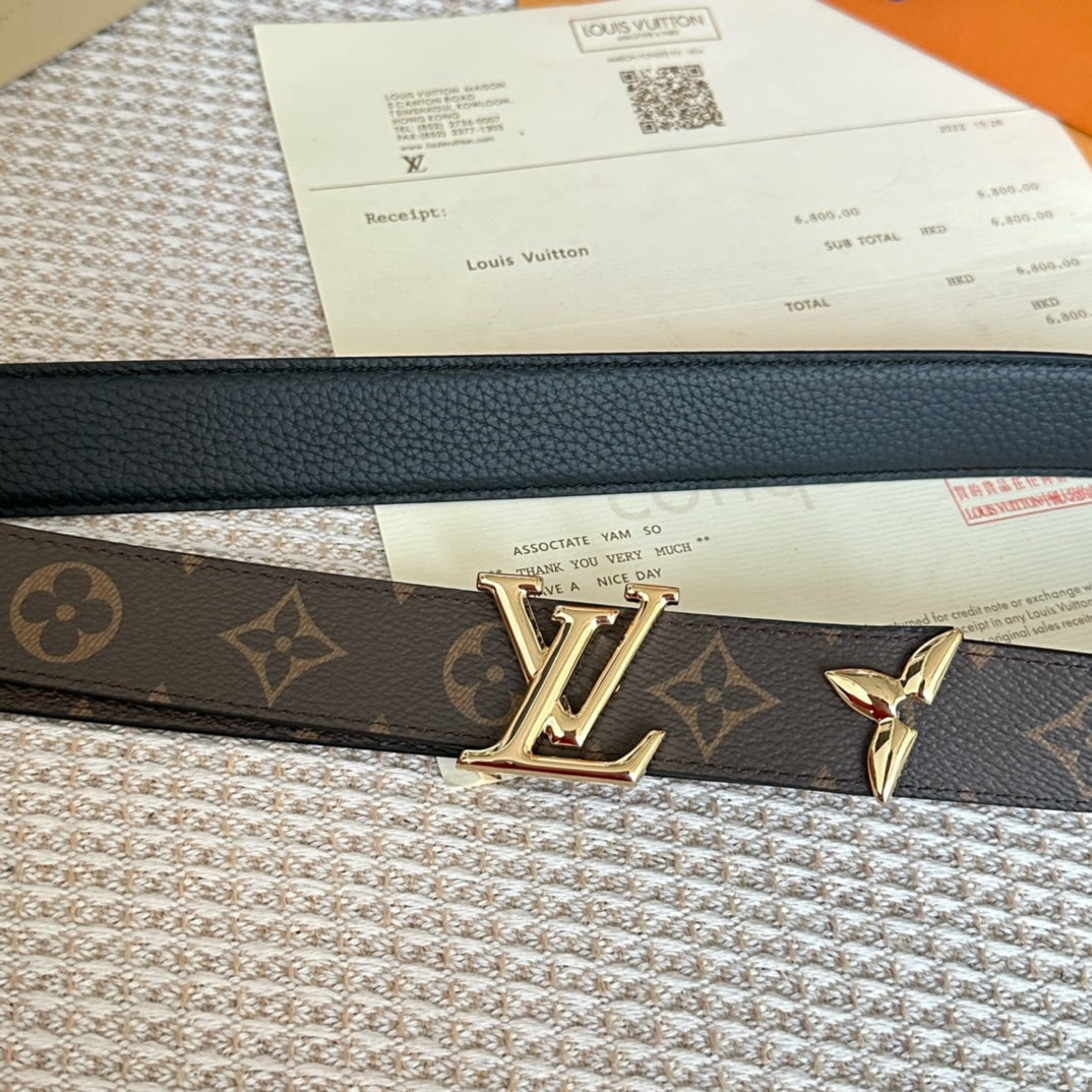 PRETTY LV 30MM REVERSIBLE BELT IN BLACK CALFSKIN GOLD HARDWARE - 30