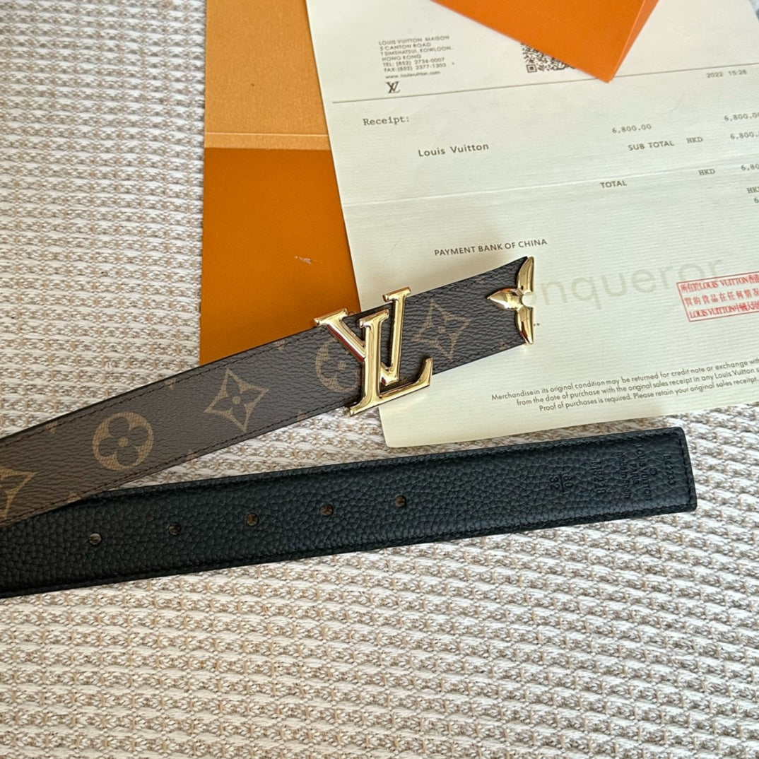 PRETTY LV 30MM REVERSIBLE BELT IN BLACK CALFSKIN GOLD HARDWARE - 30