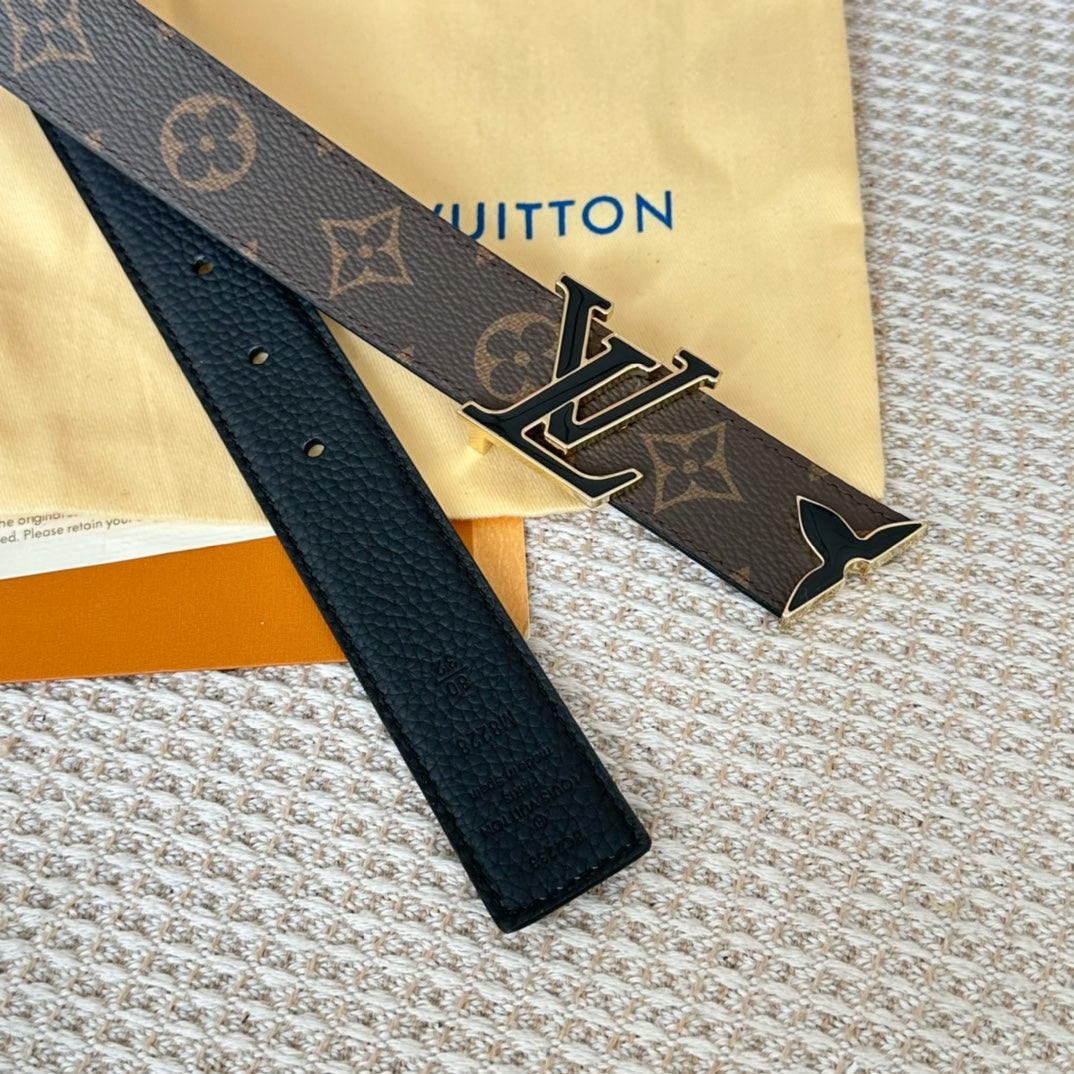 Pretty LV 30mm Reversible Belt Black Gold Buckle Black Brown Leather - 30